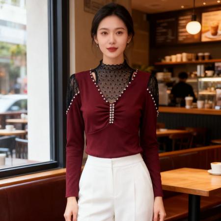 FA46059# 秋冬加厚磨毛原创设计钉钻蕾丝半高领百搭时尚打底小衫长袖 服裝批發女裝批發服飾貨源