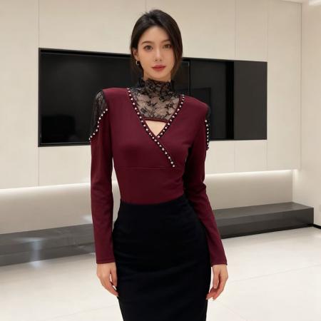 FA46060# 秋冬加厚保暖磨毛钉钻蕾丝半高领百搭时尚打底小衫长袖女上衣 服裝批發女裝批發服飾貨源