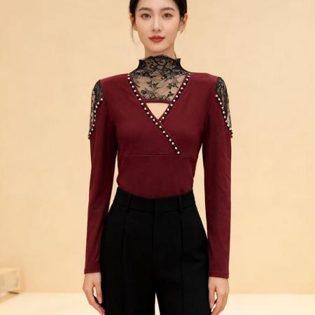 FA46060# 秋冬加厚保暖磨毛钉钻蕾丝半高领百搭时尚打底小衫长袖女上衣 服裝批發女裝批發服飾貨源