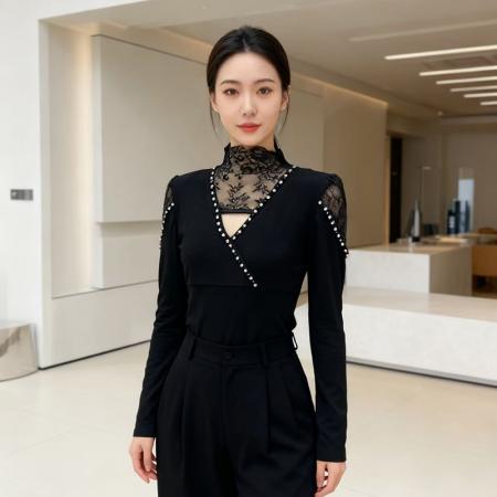 FA46060# 秋冬加厚保暖磨毛钉钻蕾丝半高领百搭时尚打底小衫长袖女上衣 服裝批發女裝批發服飾貨源