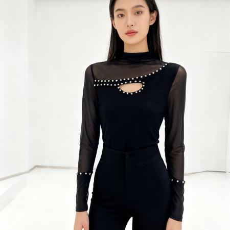 FA46061# 欧货春上新设计感别致半高领钉珠镶钻棉T恤长袖女上衣打底衫 服裝批發女裝批發服飾貨源