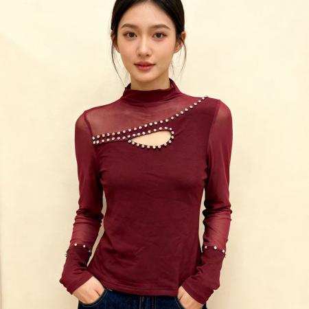 FA46061# 欧货春上新设计感别致半高领钉珠镶钻棉T恤长袖女上衣打底衫 服裝批發女裝批發服飾貨源