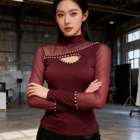 FA46061# 欧货春上新设计感别致半高领钉珠镶钻棉T恤长袖女上衣打底衫 服裝批發女裝批發服飾貨源