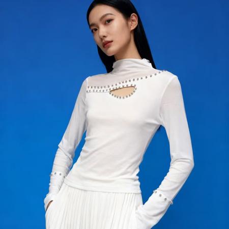 FA46061# 欧货春上新设计感别致半高领钉珠镶钻棉T恤长袖女上衣打底衫 服裝批發女裝批發服飾貨源