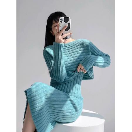 高端定制气质针织吊带连衣裙套装女春秋套头毛衣裙叠穿两件套装女 服裝批發女裝批發服飾貨源