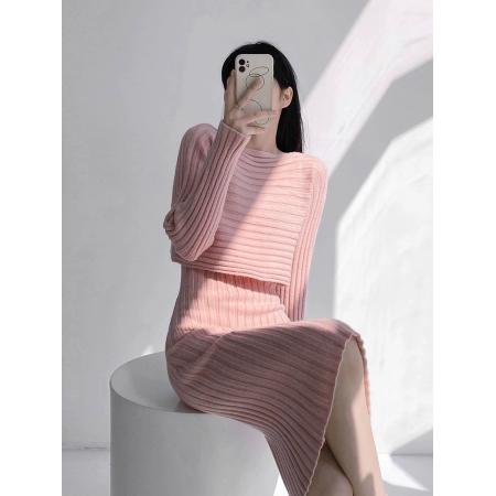 高端定制气质针织吊带连衣裙套装女春秋套头毛衣裙叠穿两件套装女 服裝批發女裝批發服飾貨源