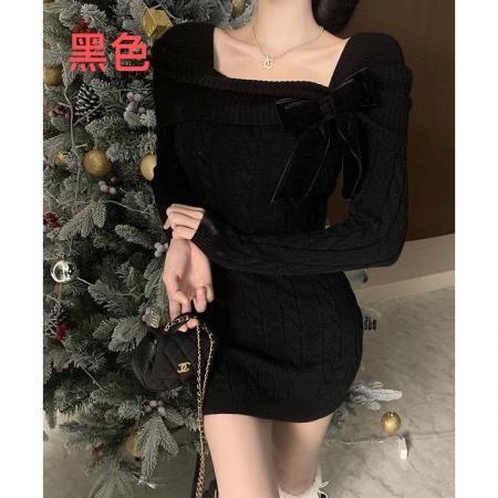 FA46063# 韩国圣诞新年红色战袍OL高级感蝴蝶结针织毛衣连衣裙女秋冬小个子 服裝批發女裝批發服飾貨源