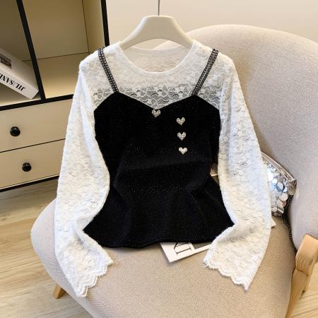 FA46065# 新款百搭长袖假两件吊带上衣女装蕾丝拼接裙衫显瘦 服裝批發女裝批發服飾貨源