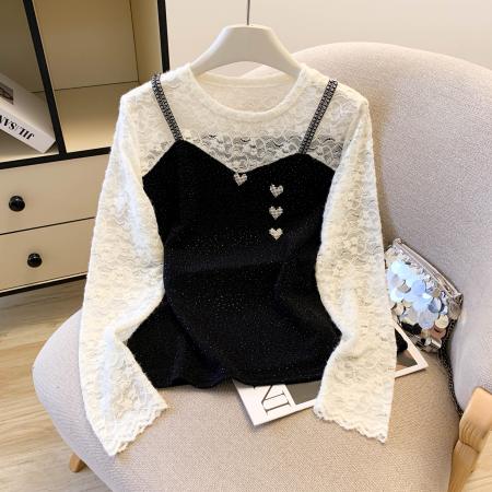 FA46065# 新款百搭长袖假两件吊带上衣女装蕾丝拼接裙衫显瘦 服裝批發女裝批發服飾貨源