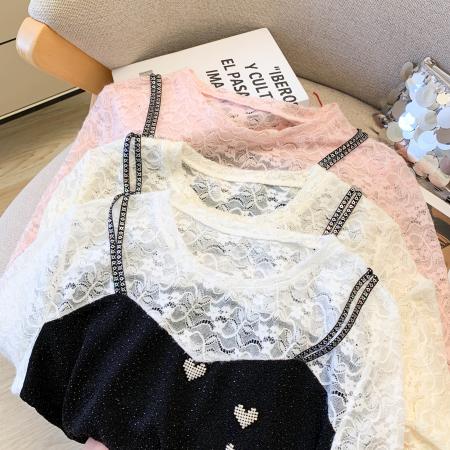 FA46065# 新款百搭长袖假两件吊带上衣女装蕾丝拼接裙衫显瘦 服裝批發女裝批發服飾貨源