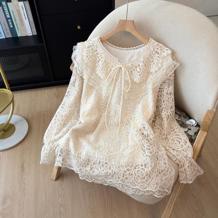 FA46066# 韩国设计感翻领系带蕾丝衫女装重工镶钻气质喇叭袖宽松衬衣打底衫 服裝批發女裝批發服飾貨源