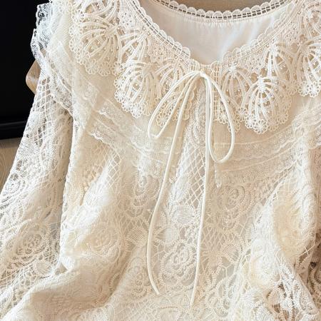 FA46066# 韩国设计感翻领系带蕾丝衫女装重工镶钻气质喇叭袖宽松衬衣打底衫 服裝批發女裝批發服飾貨源