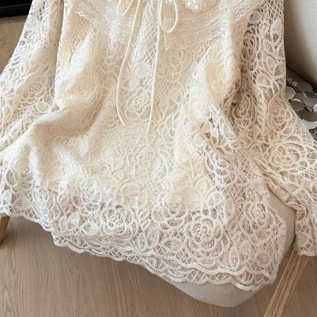 FA46066# 韩国设计感翻领系带蕾丝衫女装重工镶钻气质喇叭袖宽松衬衣打底衫 服裝批發女裝批發服飾貨源