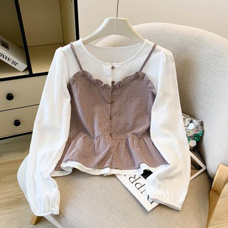 FA46068# 假两件格子吊带叠穿长袖衬衫女秋新款百搭娃娃衫蓬蓬上衣 服裝批發女裝批發服飾貨源