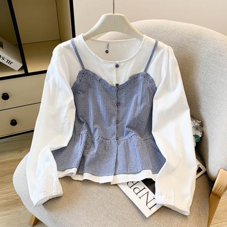 FA46068# 假两件格子吊带叠穿长袖衬衫女秋新款百搭娃娃衫蓬蓬上衣 服裝批發女裝批發服飾貨源