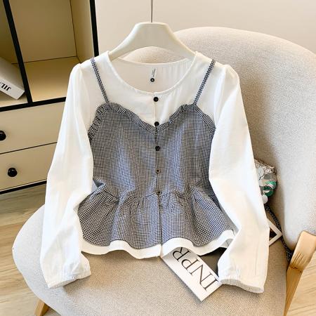 FA46068# 假两件格子吊带叠穿长袖衬衫女秋新款百搭娃娃衫蓬蓬上衣 服裝批發女裝批發服飾貨源