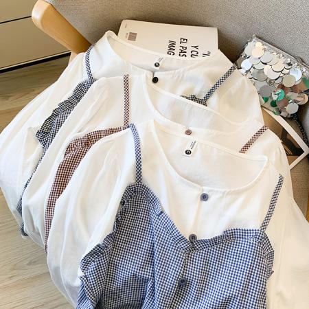 FA46068# 假两件格子吊带叠穿长袖衬衫女秋新款百搭娃娃衫蓬蓬上衣 服裝批發女裝批發服飾貨源