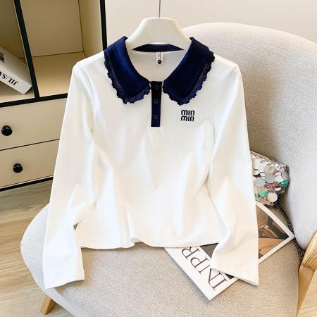 FA46070# 秋季新款可爱娃娃领纯欲风短款百搭修身短袖T恤刺绣字母 服裝批發女裝批發服飾貨源