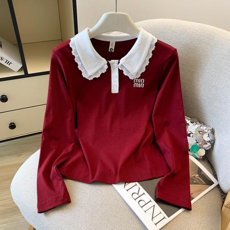 FA46070# 秋季新款可爱娃娃领纯欲风短款百搭修身短袖T恤刺绣字母 服裝批發女裝批發服飾貨源