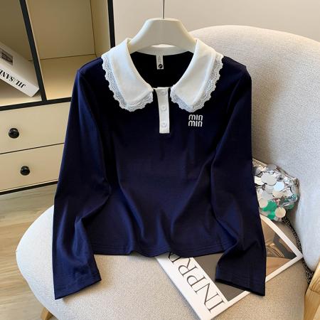 FA46070# 秋季新款可爱娃娃领纯欲风短款百搭修身短袖T恤刺绣字母 服裝批發女裝批發服飾貨源