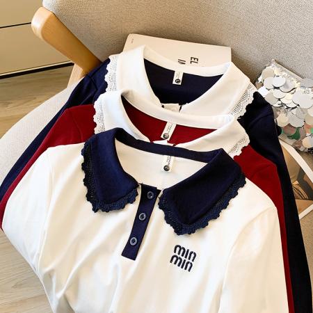 FA46070# 秋季新款可爱娃娃领纯欲风短款百搭修身短袖T恤刺绣字母 服裝批發女裝批發服飾貨源