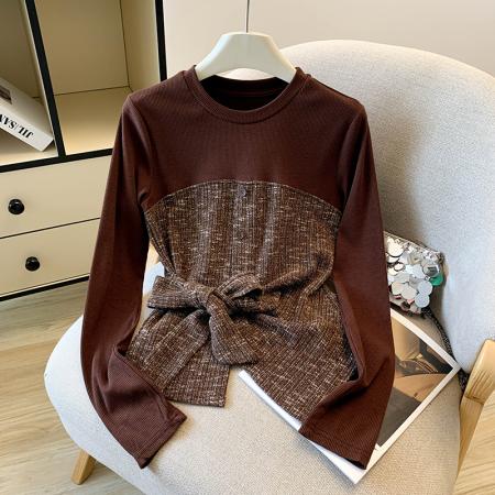 FA46071# 圆领别致设计感百搭长袖T恤女秋季新款法式减龄气质拼接上衣潮 服裝批發女裝批發服飾貨源