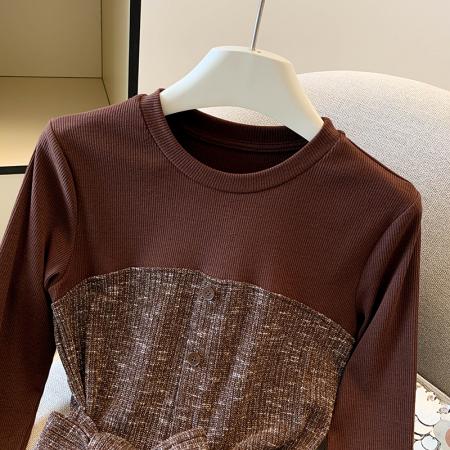 FA46071# 圆领别致设计感百搭长袖T恤女秋季新款法式减龄气质拼接上衣潮 服裝批發女裝批發服飾貨源