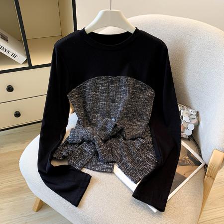 FA46071# 圆领别致设计感百搭长袖T恤女秋季新款法式减龄气质拼接上衣潮 服裝批發女裝批發服飾貨源