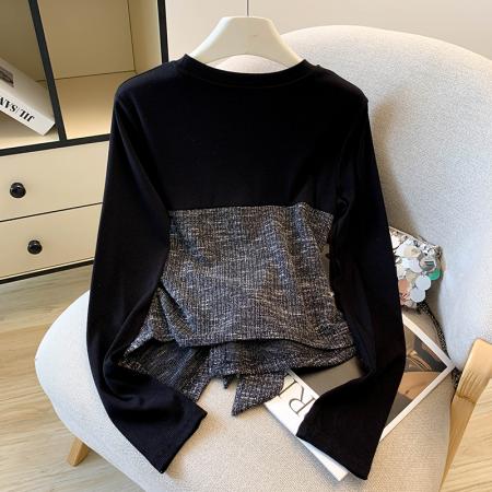 FA46071# 圆领别致设计感百搭长袖T恤女秋季新款法式减龄气质拼接上衣潮 服裝批發女裝批發服飾貨源