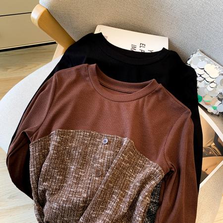 FA46071# 圆领别致设计感百搭长袖T恤女秋季新款法式减龄气质拼接上衣潮 服裝批發女裝批發服飾貨源