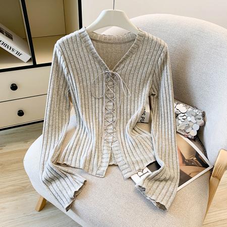 FA46072# 美式复古绑带设计感长袖T恤女早秋上衣肌理感掐腰显瘦内搭打底衫 服裝批發女裝批發服飾貨源