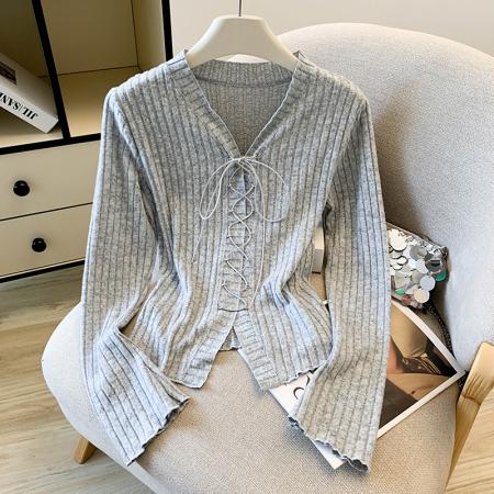 FA46072# 美式复古绑带设计感长袖T恤女早秋上衣肌理感掐腰显瘦内搭打底衫 服裝批發女裝批發服飾貨源