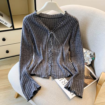 FA46072# 美式复古绑带设计感长袖T恤女早秋上衣肌理感掐腰显瘦内搭打底衫 服裝批發女裝批發服飾貨源