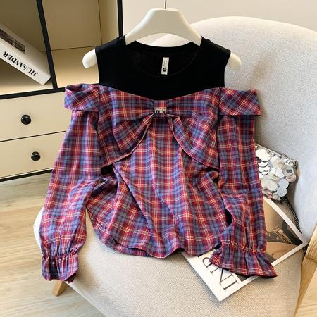 FA46073# 新款秋季复古露肩格子衬衫女高级感轻奢减龄洋气法式衬衣 服裝批發女裝批發服飾貨源