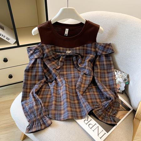 FA46073# 新款秋季复古露肩格子衬衫女高级感轻奢减龄洋气法式衬衣 服裝批發女裝批發服飾貨源