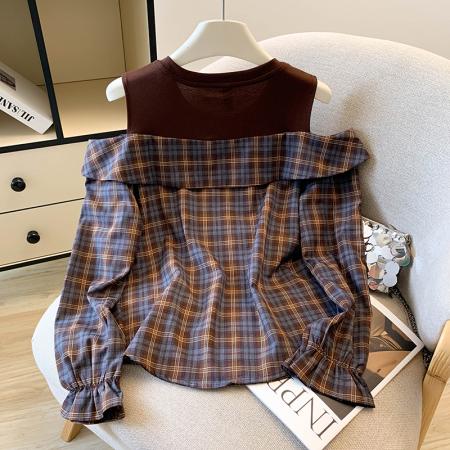 FA46073# 新款秋季复古露肩格子衬衫女高级感轻奢减龄洋气法式衬衣 服裝批發女裝批發服飾貨源