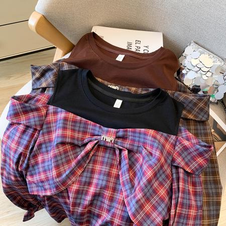 FA46073# 新款秋季复古露肩格子衬衫女高级感轻奢减龄洋气法式衬衣 服裝批發女裝批發服飾貨源