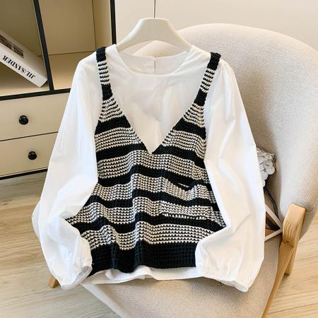 FA46074# 秋装新款韩版宽松大版泡泡袖白衬衫+针织马甲叠穿两件套装女 服裝批發女裝批發服飾貨源