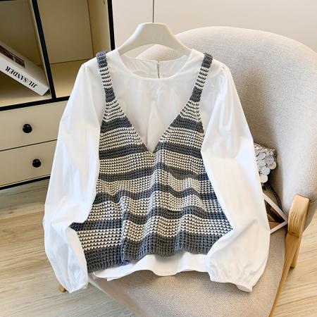 FA46074# 秋装新款韩版宽松大版泡泡袖白衬衫+针织马甲叠穿两件套装女 服裝批發女裝批發服飾貨源
