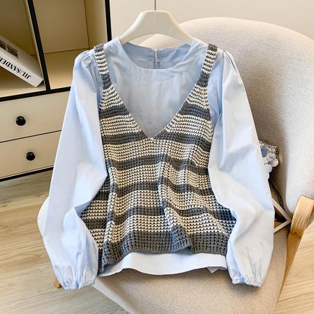 FA46074# 秋装新款韩版宽松大版泡泡袖白衬衫+针织马甲叠穿两件套装女 服裝批發女裝批發服飾貨源