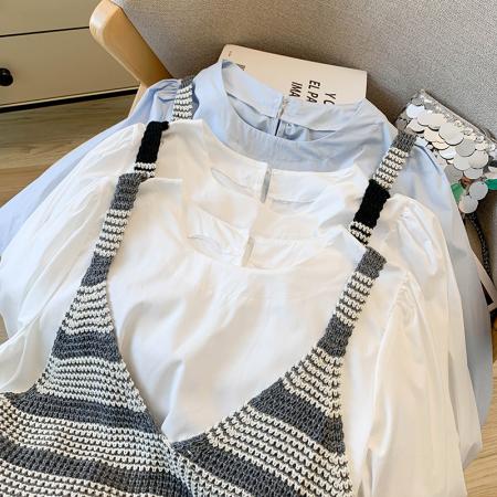 FA46074# 秋装新款韩版宽松大版泡泡袖白衬衫+针织马甲叠穿两件套装女 服裝批發女裝批發服飾貨源