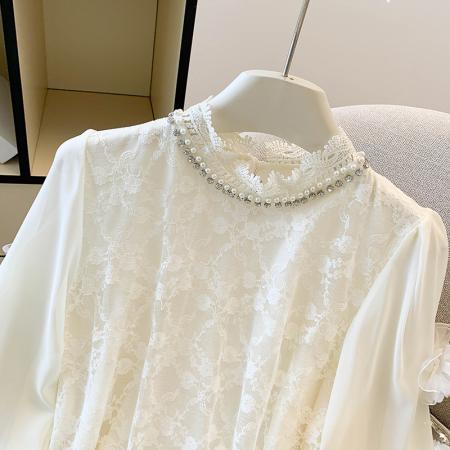 FA46075# 名媛风重工钉珠珍珠刺绣花朵喇叭袖衬衫女秋季新款蕾丝上衣 服裝批發女裝批發服飾貨源