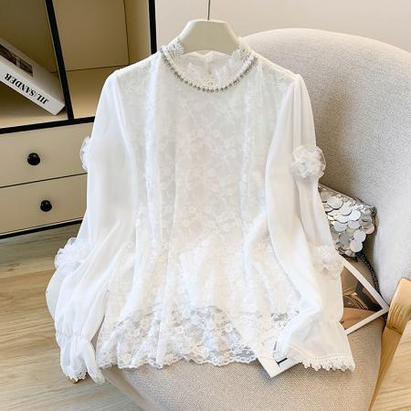 FA46075# 名媛风重工钉珠珍珠刺绣花朵喇叭袖衬衫女秋季新款蕾丝上衣 服裝批發女裝批發服飾貨源