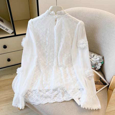 FA46075# 名媛风重工钉珠珍珠刺绣花朵喇叭袖衬衫女秋季新款蕾丝上衣 服裝批發女裝批發服飾貨源