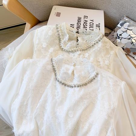 FA46075# 名媛风重工钉珠珍珠刺绣花朵喇叭袖衬衫女秋季新款蕾丝上衣 服裝批發女裝批發服飾貨源