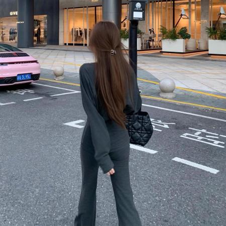 FA46077# 两件套ootd穿搭套装女冬季松弛感V领上衣+阔腿休闲裤两件套 服裝批發女裝批發服飾貨源