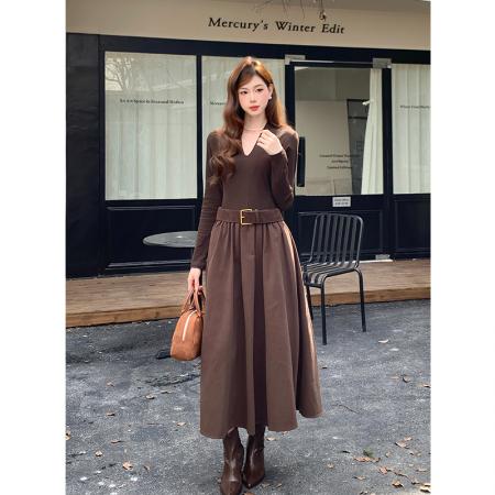 秋冬新款法式优雅拼接打底裙子长...