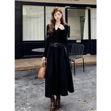 FA46079# 秋冬新款法式优雅拼接打底裙子长袖中长款连衣裙女 服裝批發女裝批發服飾貨源