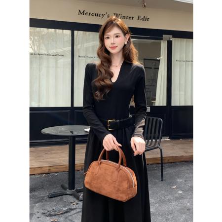 FA46079# 秋冬新款法式优雅拼接打底裙子长袖中长款连衣裙女 服裝批發女裝批發服飾貨源