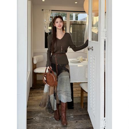 FA46080# 秋冬新款纯色连帽针织衫+雪纺扎染半身裙两件套女套装 服裝批發女裝批發服飾貨源